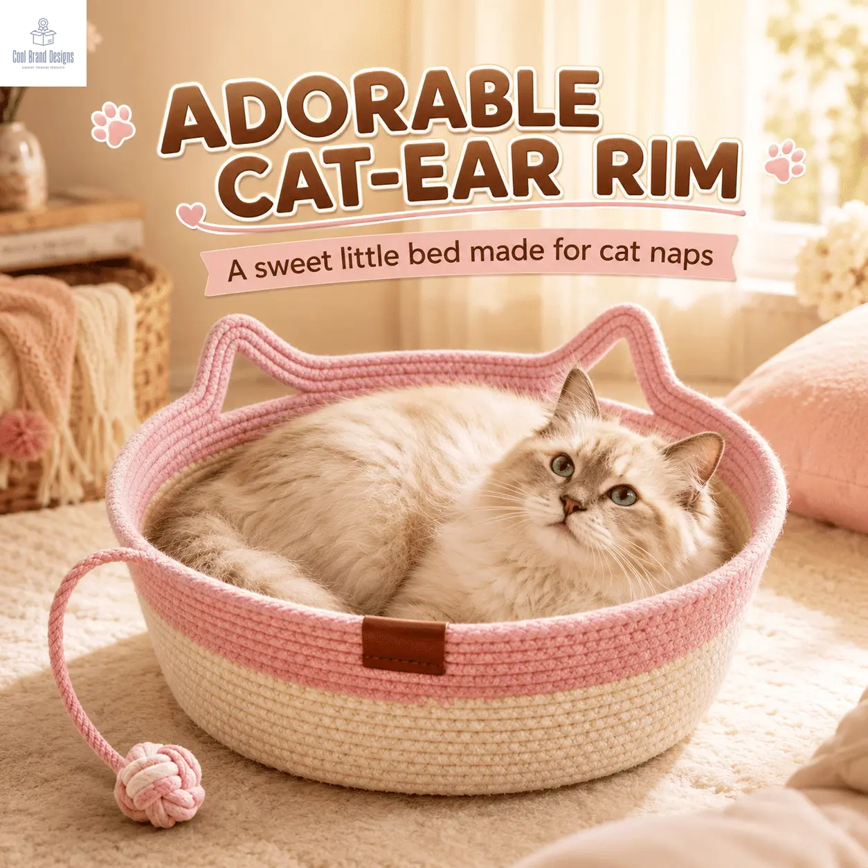 2-in-1 Cotton Rope Cat Bed with Hanging Interactive Toy, Cozy Round Cat Nest for Indoor Cats, Washable Pet Bed with Handles, Modern Boho Home Decor for Kittens & Small Cats, Non-toxic & Durable - Cool Brand Designs