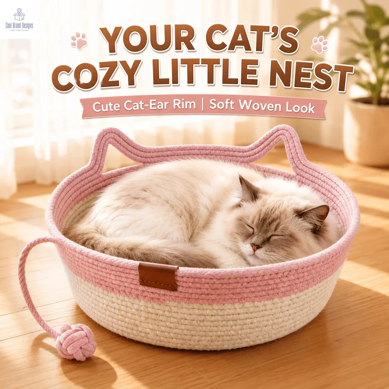 2-in-1 Cotton Rope Cat Bed with Hanging Interactive Toy, Cozy Round Cat Nest for Indoor Cats, Washable Pet Bed with Handles, Modern Boho Home Decor for Kittens & Small Cats, Non-toxic & Durable - Cool Brand Designs