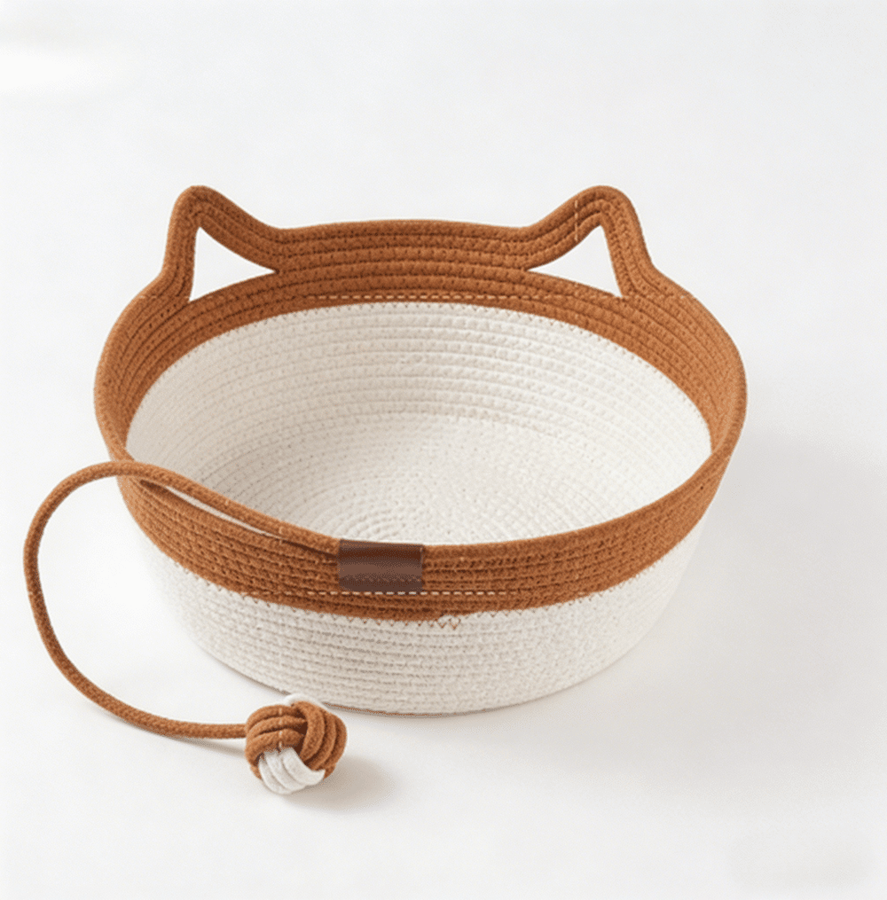 2-in-1 Cotton Rope Cat Bed with Hanging Interactive Toy, Cozy Round Cat Nest for Indoor Cats, Washable Pet Bed with Handles, Modern Boho Home Decor for Kittens & Small Cats, Non-toxic & Durable - Cool Brand Designs