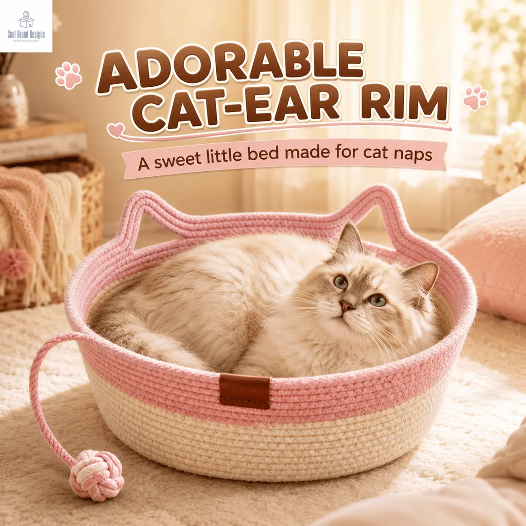 2-in-1 Cotton Rope Cat Bed with Hanging Interactive Toy, Cozy Round Cat Nest for Indoor Cats, Washable Pet Bed with Handles, Modern Boho Home Decor for Kittens & Small Cats, Non-toxic & Durable - Cool Brand Designs