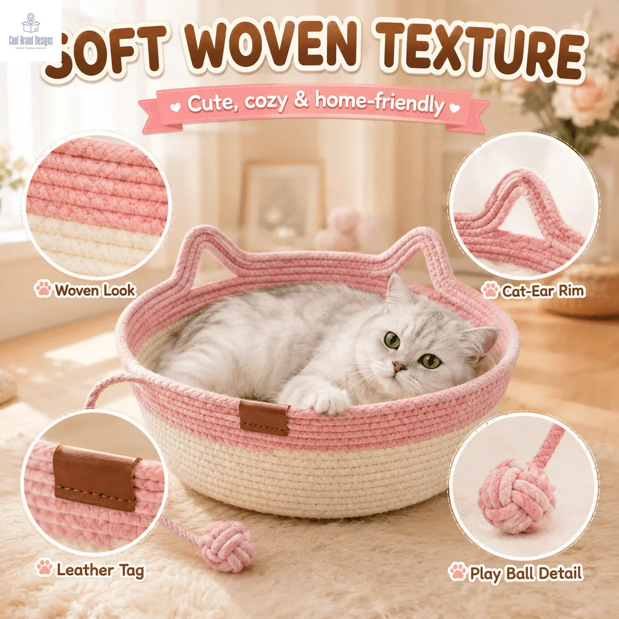 2-in-1 Cotton Rope Cat Bed with Hanging Interactive Toy, Cozy Round Cat Nest for Indoor Cats, Washable Pet Bed with Handles, Modern Boho Home Decor for Kittens & Small Cats, Non-toxic & Durable - Cool Brand Designs