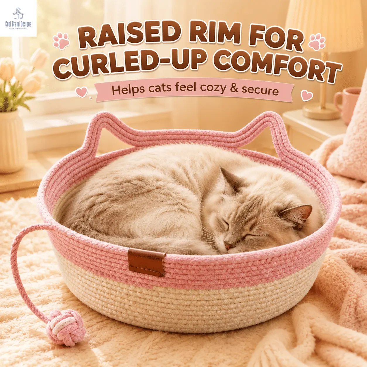 2-in-1 Cotton Rope Cat Bed with Hanging Interactive Toy, Cozy Round Cat Nest for Indoor Cats, Washable Pet Bed with Handles, Modern Boho Home Decor for Kittens & Small Cats, Non-toxic & Durable - Cool Brand Designs