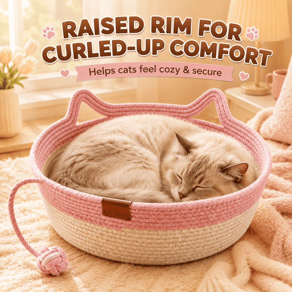 2-in-1 Cotton Rope Cat Bed with Hanging Interactive Toy, Cozy Round Cat Nest for Indoor Cats, Washable Pet Bed with Handles, Modern Boho Home Decor for Kittens & Small Cats, Non-toxic & Durable - Cool Brand Designs