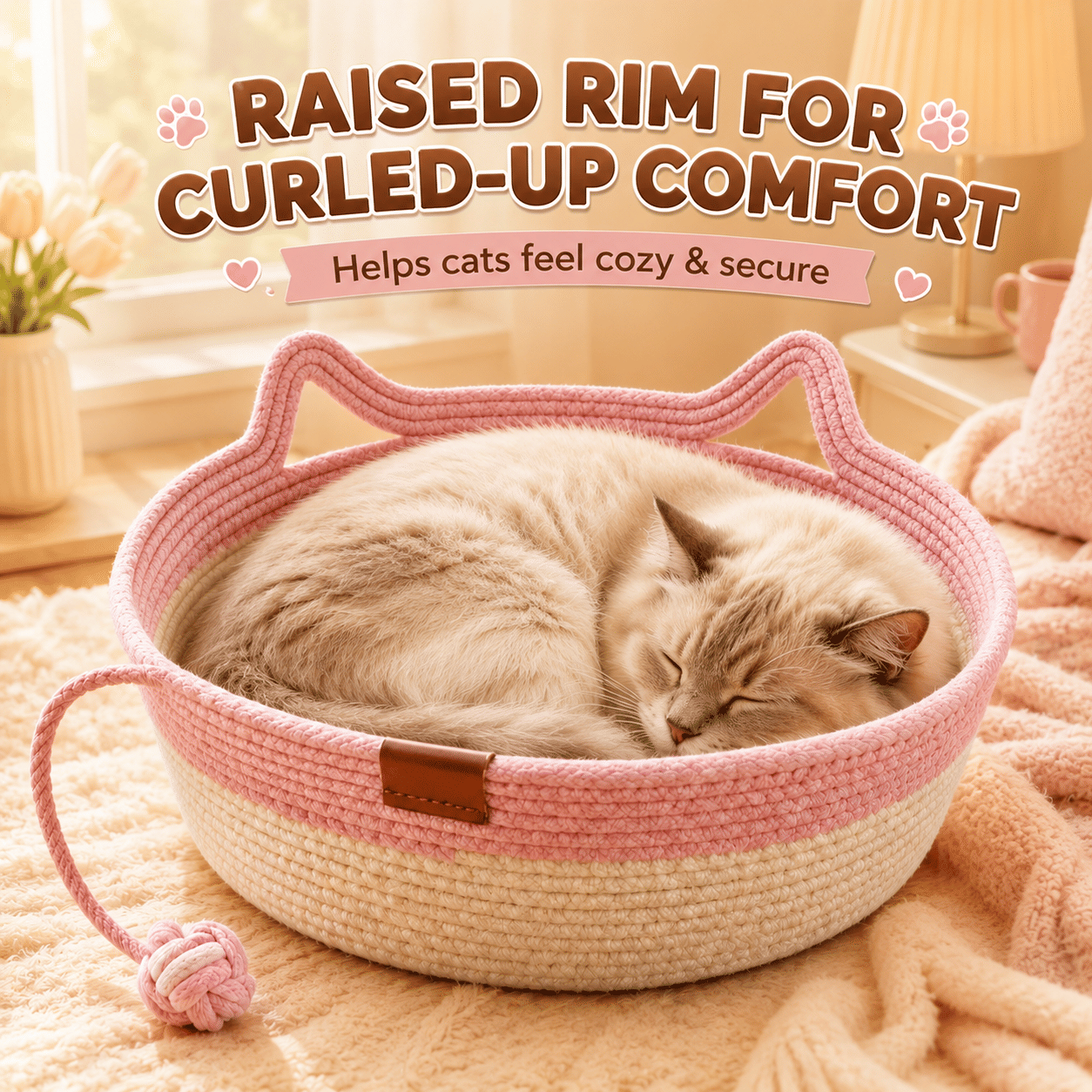 2-in-1 Cotton Rope Cat Bed with Hanging Interactive Toy, Cozy Round Cat Nest for Indoor Cats, Washable Pet Bed with Handles, Modern Boho Home Decor for Kittens & Small Cats, Non-toxic & Durable - Cool Brand Designs