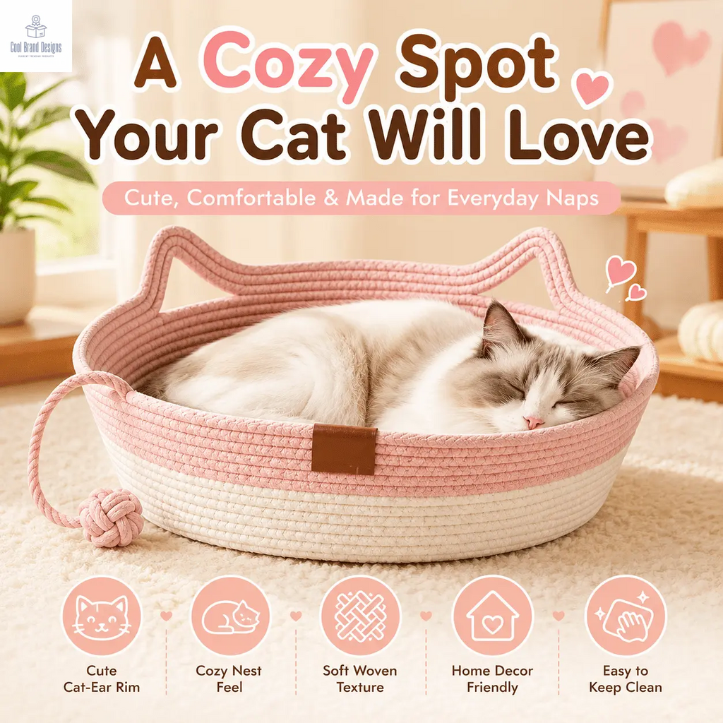 2-in-1 Cotton Rope Cat Bed with Hanging Interactive Toy, Cozy Round Cat Nest for Indoor Cats, Washable Pet Bed with Handles, Modern Boho Home Decor for Kittens & Small Cats, Non-toxic & Durable - Cool Brand Designs