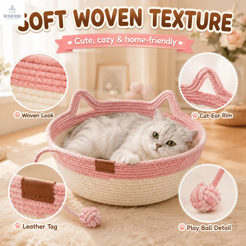 2-in-1 Cotton Rope Cat Bed with Hanging Interactive Toy, Cozy Round Cat Nest for Indoor Cats, Washable Pet Bed with Handles, Modern Boho Home Decor for Kittens & Small Cats, Non-toxic & Durable - Cool Brand Designs