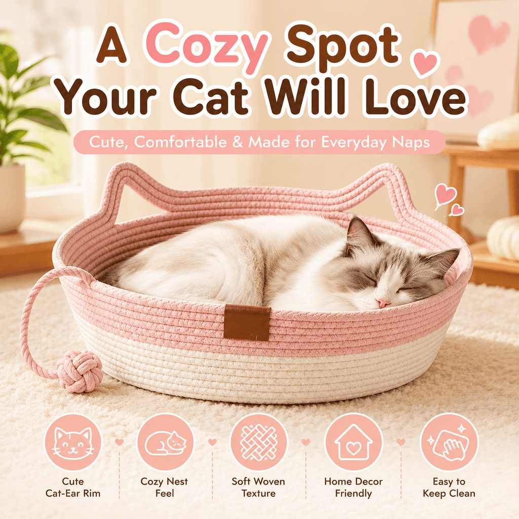 2-in-1 Cotton Rope Cat Bed with Hanging Interactive Toy, Cozy Round Cat Nest for Indoor Cats, Washable Pet Bed with Handles, Modern Boho Home Decor for Kittens & Small Cats, Non-toxic & Durable - Cool Brand Designs