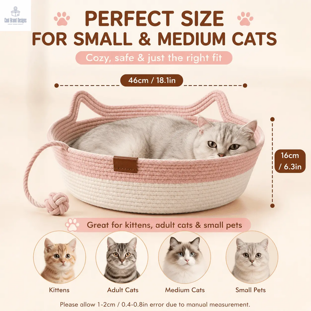 2-in-1 Cotton Rope Cat Bed with Hanging Interactive Toy, Cozy Round Cat Nest for Indoor Cats, Washable Pet Bed with Handles, Modern Boho Home Decor for Kittens & Small Cats, Non-toxic & Durable - Cool Brand Designs