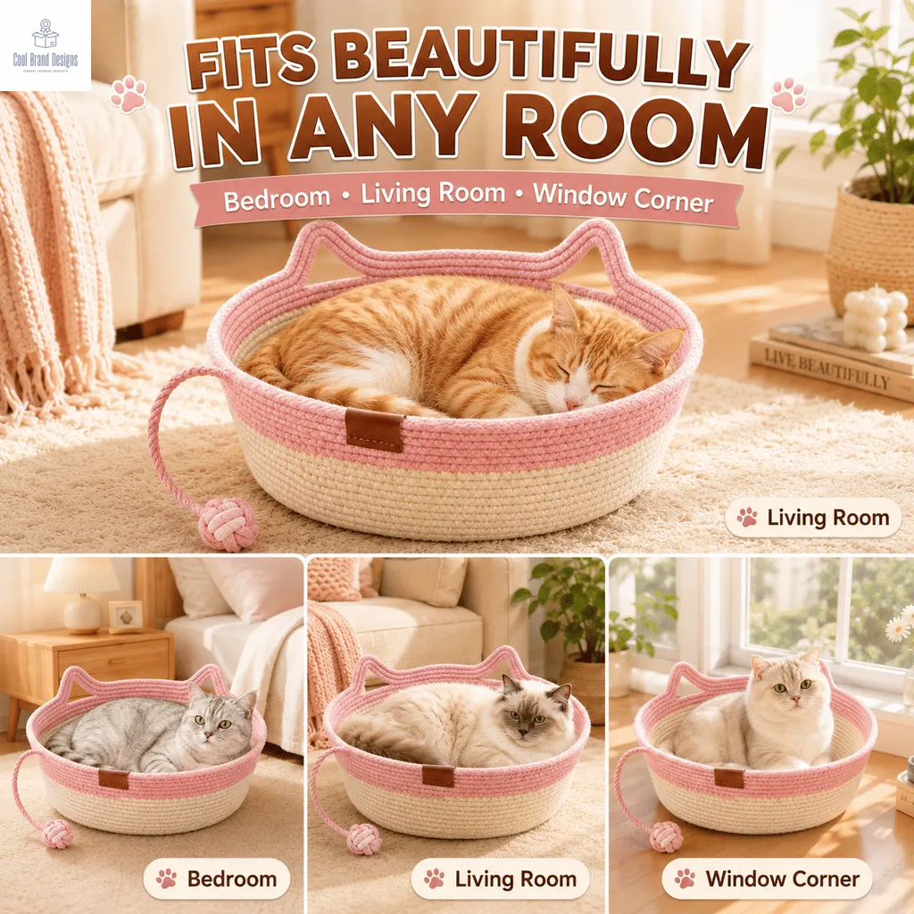 2-in-1 Cotton Rope Cat Bed with Hanging Interactive Toy, Cozy Round Cat Nest for Indoor Cats, Washable Pet Bed with Handles, Modern Boho Home Decor for Kittens & Small Cats, Non-toxic & Durable - Cool Brand Designs