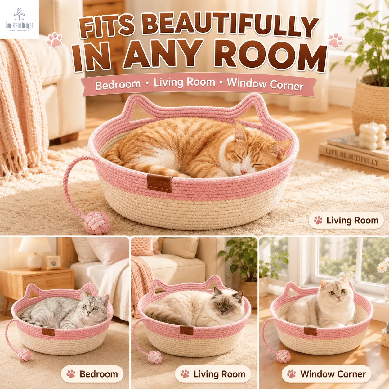 2-in-1 Cotton Rope Cat Bed with Hanging Interactive Toy, Cozy Round Cat Nest for Indoor Cats, Washable Pet Bed with Handles, Modern Boho Home Decor for Kittens & Small Cats, Non-toxic & Durable - Cool Brand Designs