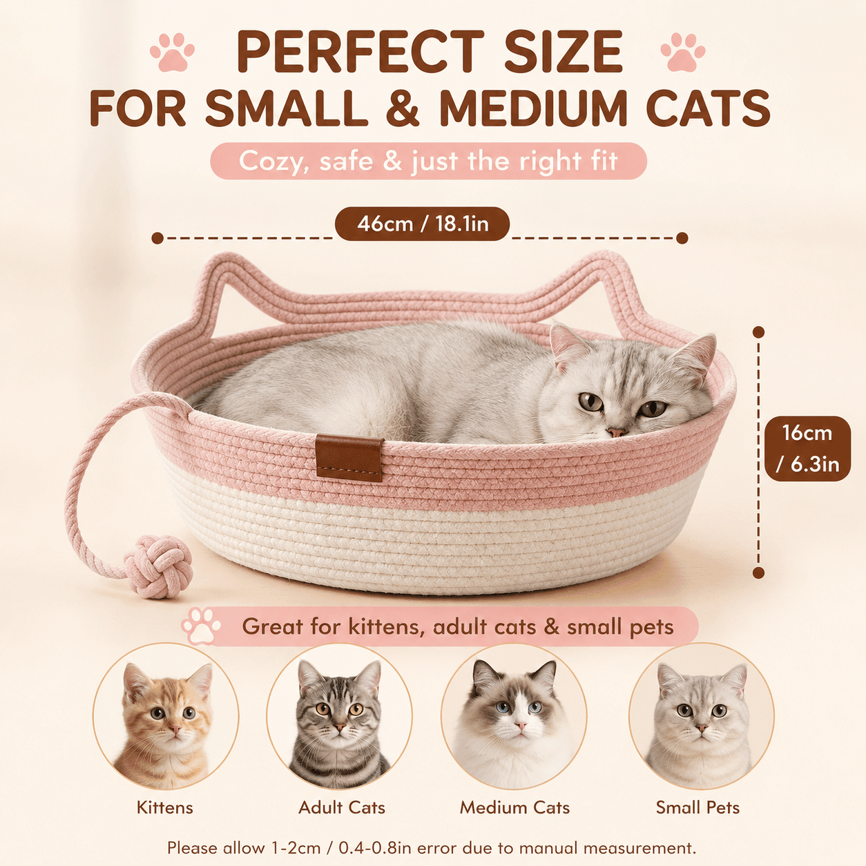 2-in-1 Cotton Rope Cat Bed with Hanging Interactive Toy, Cozy Round Cat Nest for Indoor Cats, Washable Pet Bed with Handles, Modern Boho Home Decor for Kittens & Small Cats, Non-toxic & Durable - Cool Brand Designs