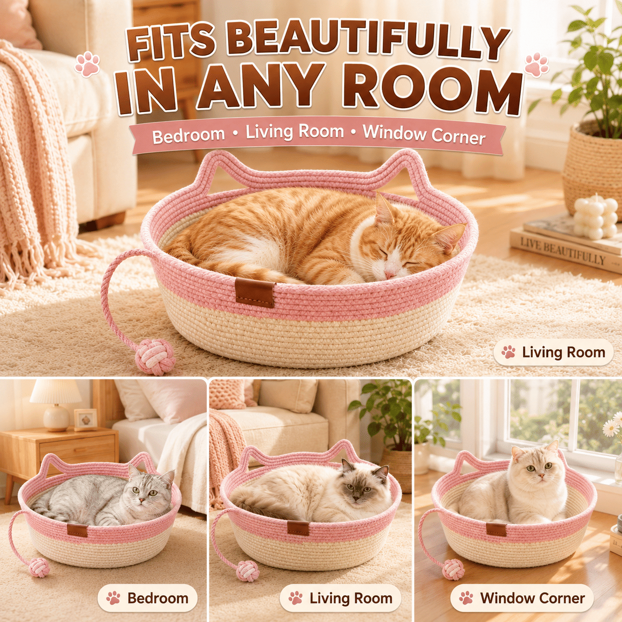 2-in-1 Cotton Rope Cat Bed with Hanging Interactive Toy, Cozy Round Cat Nest for Indoor Cats, Washable Pet Bed with Handles, Modern Boho Home Decor for Kittens & Small Cats, Non-toxic & Durable - Cool Brand Designs