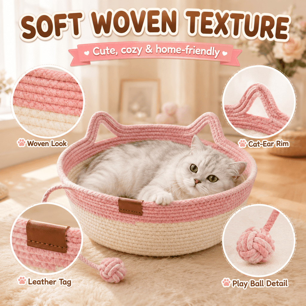2-in-1 Cotton Rope Cat Bed with Hanging Interactive Toy, Cozy Round Cat Nest for Indoor Cats, Washable Pet Bed with Handles, Modern Boho Home Decor for Kittens & Small Cats, Non-toxic & Durable - Cool Brand Designs