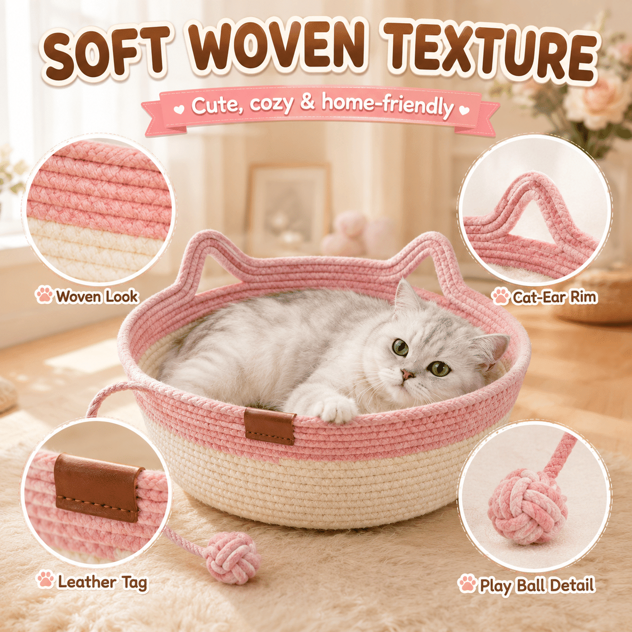 2-in-1 Cotton Rope Cat Bed with Hanging Interactive Toy, Cozy Round Cat Nest for Indoor Cats, Washable Pet Bed with Handles, Modern Boho Home Decor for Kittens & Small Cats, Non-toxic & Durable - Cool Brand Designs
