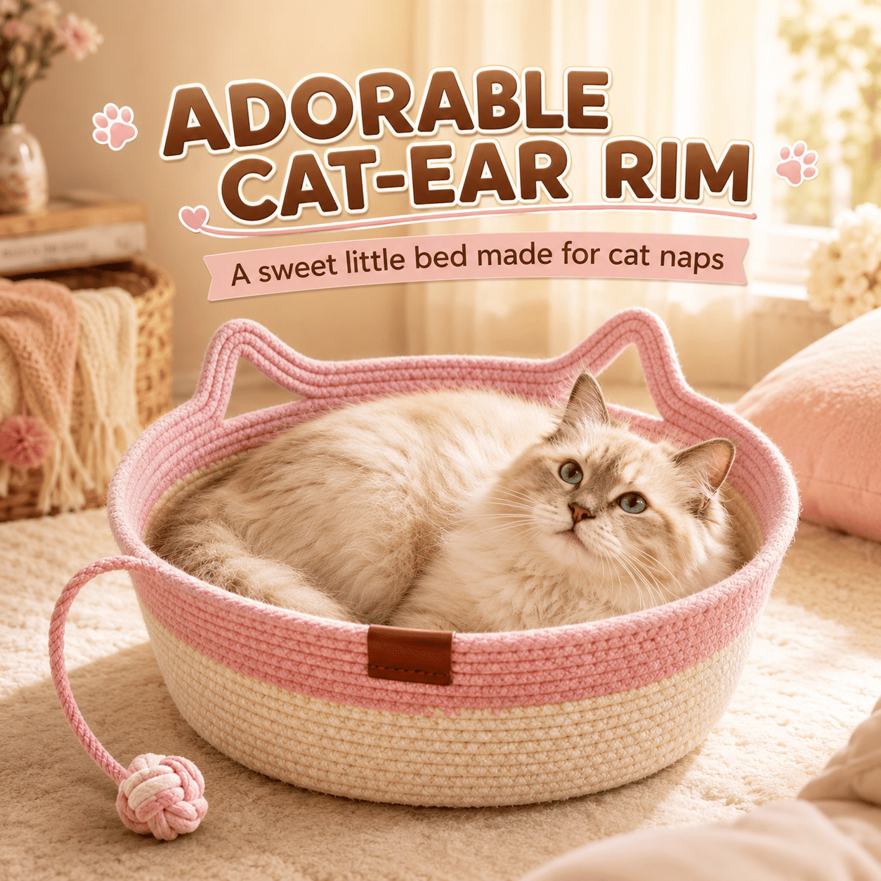 2-in-1 Cotton Rope Cat Bed with Hanging Interactive Toy, Cozy Round Cat Nest for Indoor Cats, Washable Pet Bed with Handles, Modern Boho Home Decor for Kittens & Small Cats, Non-toxic & Durable - Cool Brand Designs