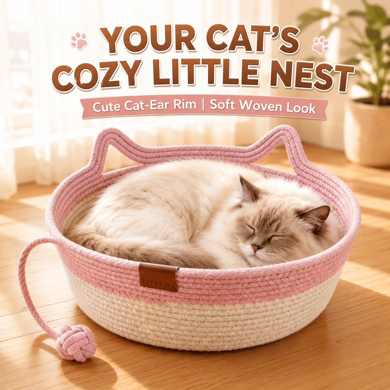 2-in-1 Cotton Rope Cat Bed with Hanging Interactive Toy, Cozy Round Cat Nest for Indoor Cats, Washable Pet Bed with Handles, Modern Boho Home Decor for Kittens & Small Cats, Non-toxic & Durable - Cool Brand Designs