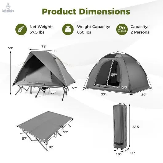 2 - Person Camping Cot Tent Foldable Off - Ground Camping Combo for Adults - Grey - Color: Gray - Cool Brand Designs