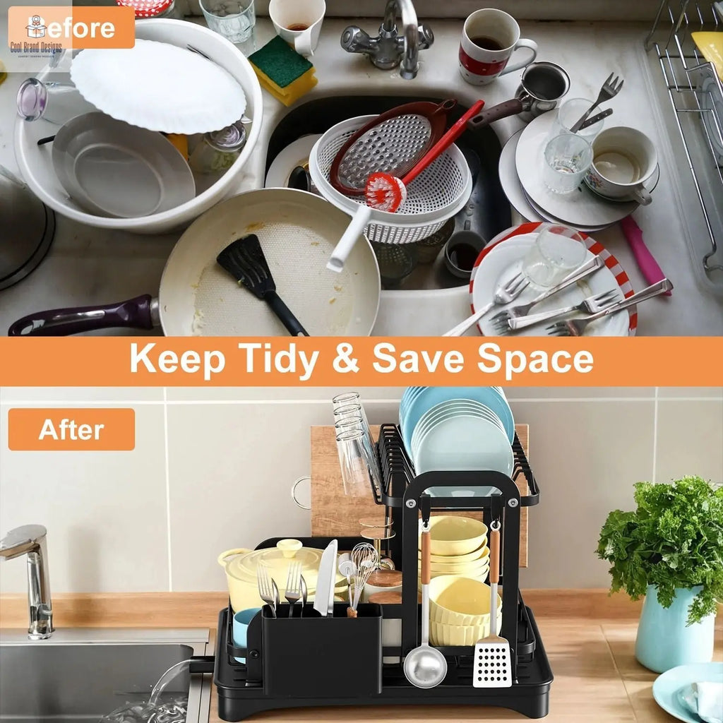 2-Tier Dish Drying Rack for Kitchen Counter Space Saving Rustproof Dish Rack with Drainboard Detachable Kitchen Drainer Organizer Set - Cool Brand Designs