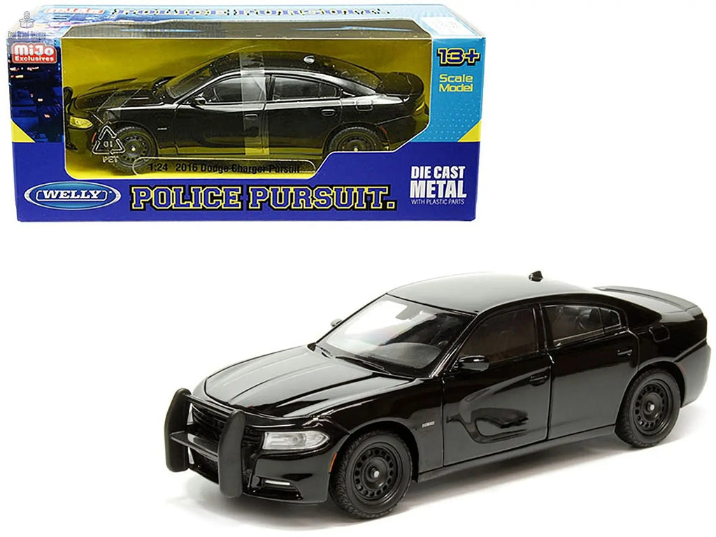 2016 Dodge Charger Pursuit Police Interceptor Black Unmarked "Police Pursuit" Series 1/24 Diecast Model Car by Welly - Cool Brand Designs