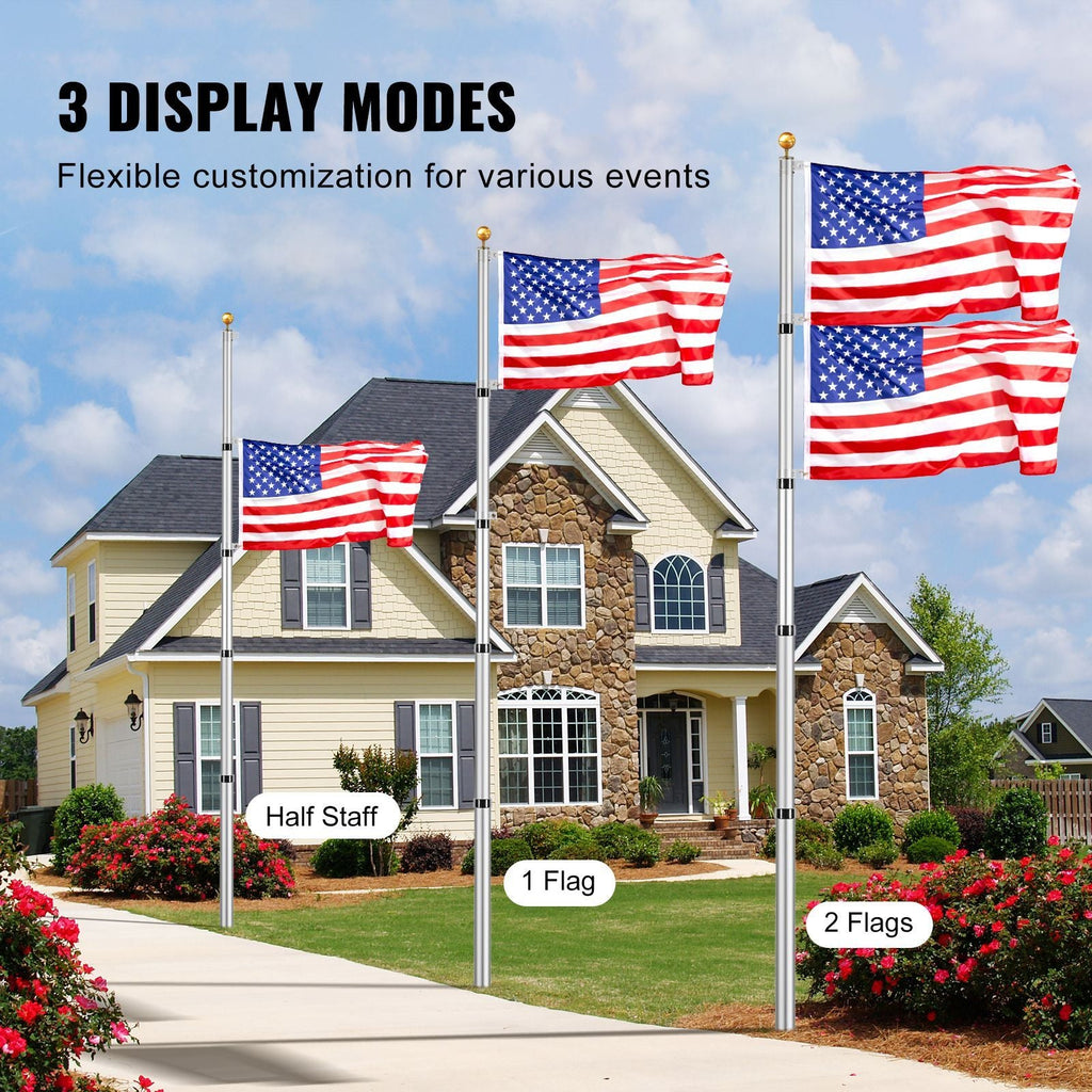 20FT Telescoping Flag pole Kit, Heavy Duty Aluminum Alloy in Ground Flag Poles for Outside, 3 Display Modes Flagpole with 3x5 American Flag, Professional Accessories, Silver - Cool Brand Designs