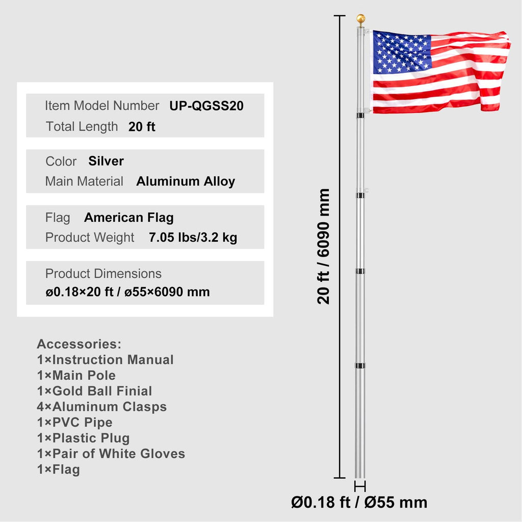 20FT Telescoping Flag pole Kit, Heavy Duty Aluminum Alloy in Ground Flag Poles for Outside, 3 Display Modes Flagpole with 3x5 American Flag, Professional Accessories, Silver - Cool Brand Designs