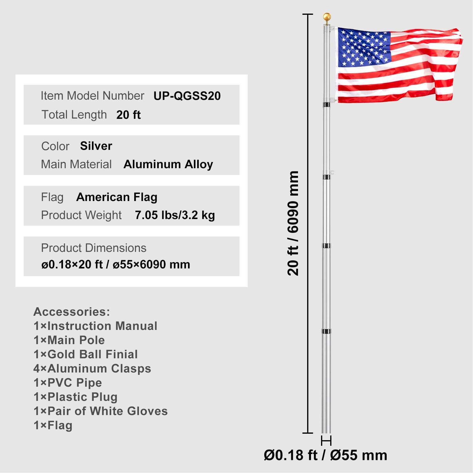 20FT Telescoping Flag pole Kit, Heavy Duty Aluminum Alloy in Ground Flag Poles for Outside, 3 Display Modes Flagpole with 3x5 American Flag, Professional Accessories, Silver - Cool Brand Designs