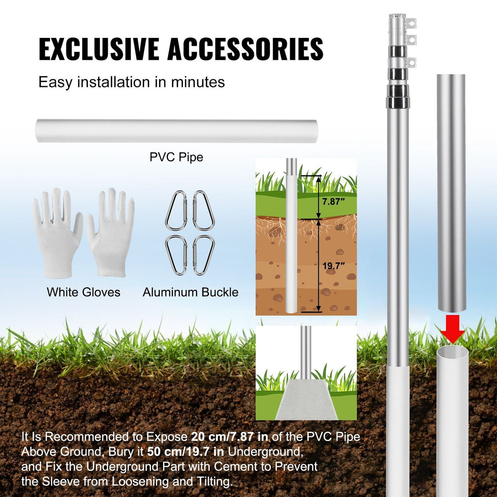 20FT Telescoping Flag pole Kit, Heavy Duty Aluminum Alloy in Ground Flag Poles for Outside, 3 Display Modes Flagpole with 3x5 American Flag, Professional Accessories, Silver - Cool Brand Designs