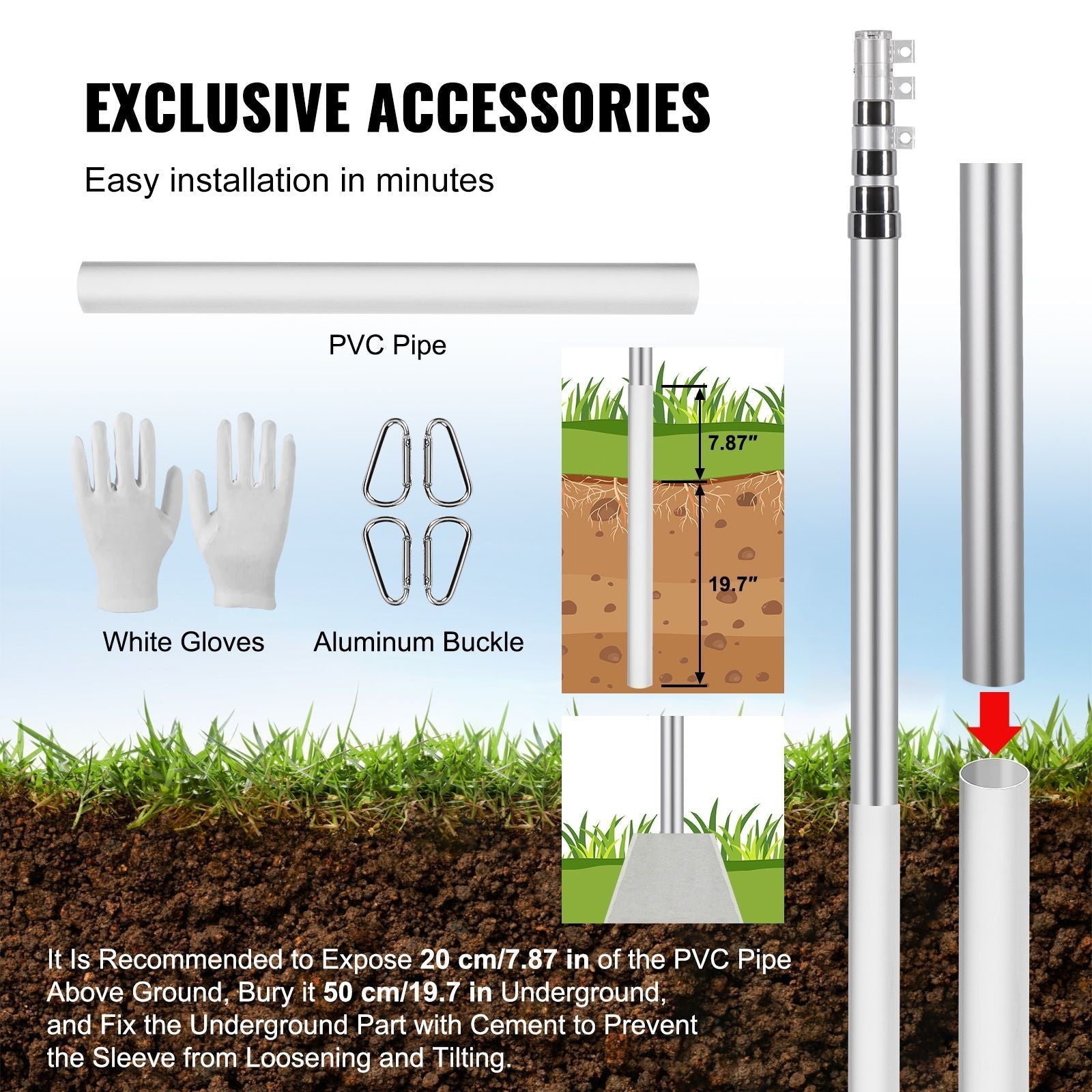 20FT Telescoping Flag pole Kit, Heavy Duty Aluminum Alloy in Ground Flag Poles for Outside, 3 Display Modes Flagpole with 3x5 American Flag, Professional Accessories, Silver - Cool Brand Designs