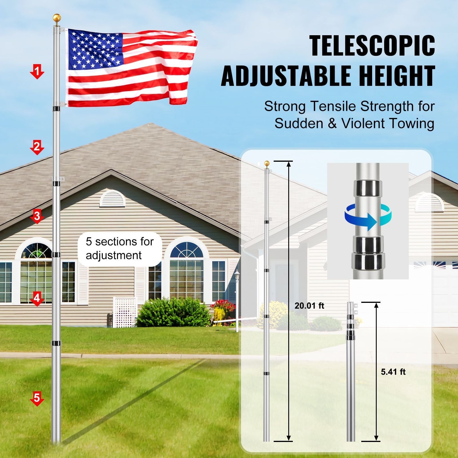 20FT Telescoping Flag pole Kit, Heavy Duty Aluminum Alloy in Ground Flag Poles for Outside, 3 Display Modes Flagpole with 3x5 American Flag, Professional Accessories, Silver - Cool Brand Designs