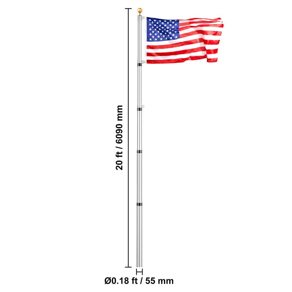20FT Telescoping Flag pole Kit, Heavy Duty Aluminum Alloy in Ground Flag Poles for Outside, 3 Display Modes Flagpole with 3x5 American Flag, Professional Accessories, Silver - Cool Brand Designs