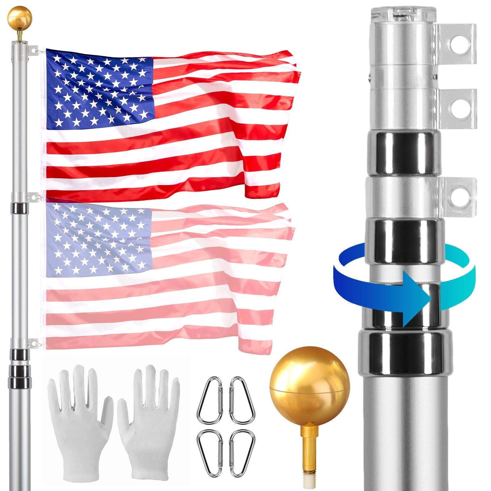 20FT Telescoping Flag pole Kit, Heavy Duty Aluminum Alloy in Ground Flag Poles for Outside, 3 Display Modes Flagpole with 3x5 American Flag, Professional Accessories, Silver - Cool Brand Designs