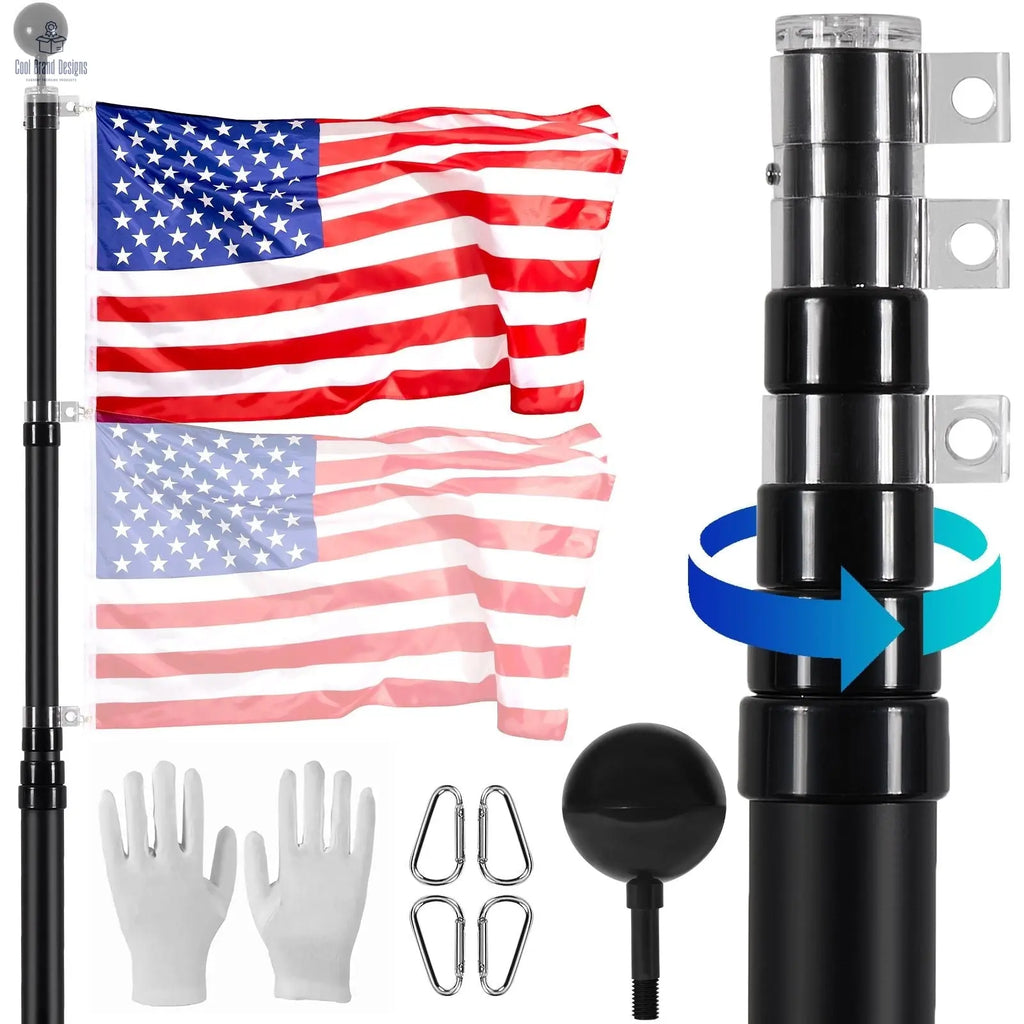 25FT Telescoping Flag pole Kit, Heavy Duty Aluminum Alloy in Ground Flag Poles for Outside, 3 Display Modes Flagpole with 3x5 American Flag, Professional Accessories, Black - Cool Brand Designs