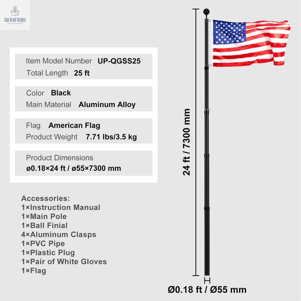 25FT Telescoping Flag pole Kit, Heavy Duty Aluminum Alloy in Ground Flag Poles for Outside, 3 Display Modes Flagpole with 3x5 American Flag, Professional Accessories, Black - Cool Brand Designs