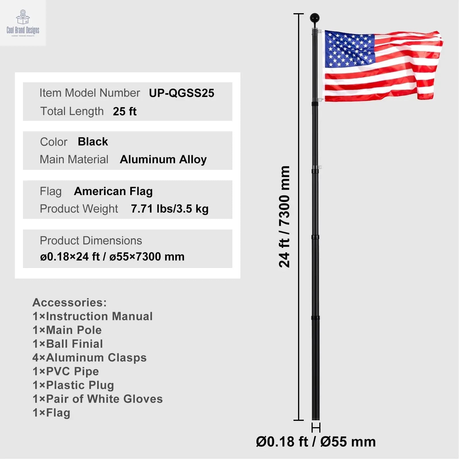 25FT Telescoping Flag pole Kit, Heavy Duty Aluminum Alloy in Ground Flag Poles for Outside, 3 Display Modes Flagpole with 3x5 American Flag, Professional Accessories, Black - Cool Brand Designs