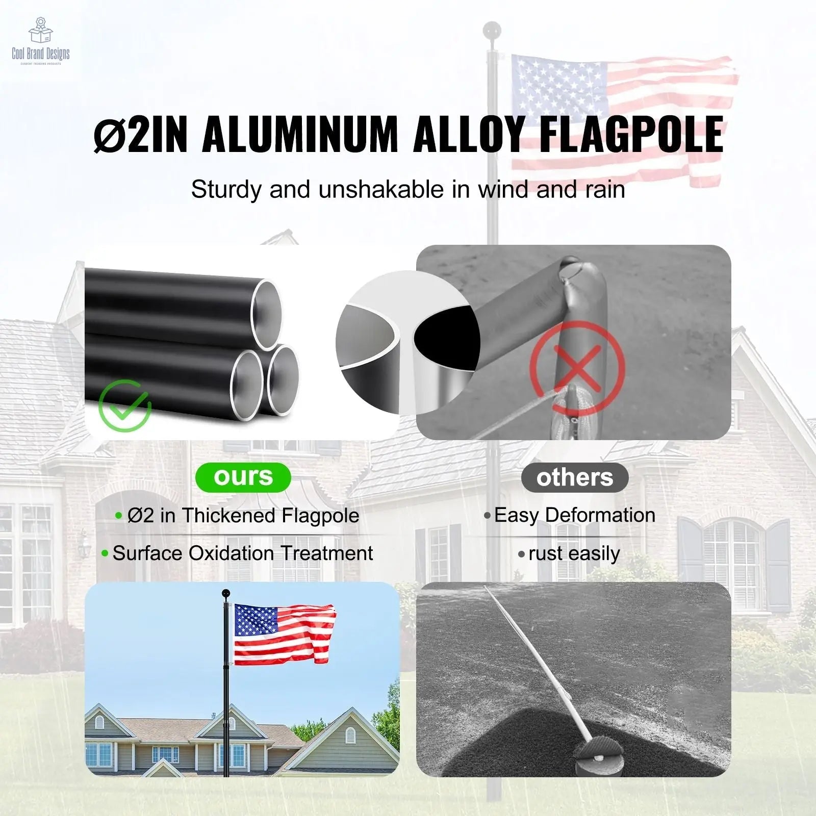 25FT Telescoping Flag pole Kit, Heavy Duty Aluminum Alloy in Ground Flag Poles for Outside, 3 Display Modes Flagpole with 3x5 American Flag, Professional Accessories, Black - Cool Brand Designs
