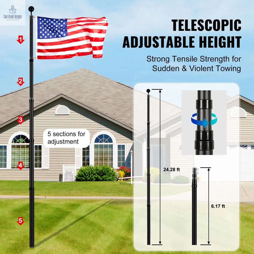 25FT Telescoping Flag pole Kit, Heavy Duty Aluminum Alloy in Ground Flag Poles for Outside, 3 Display Modes Flagpole with 3x5 American Flag, Professional Accessories, Black - Cool Brand Designs