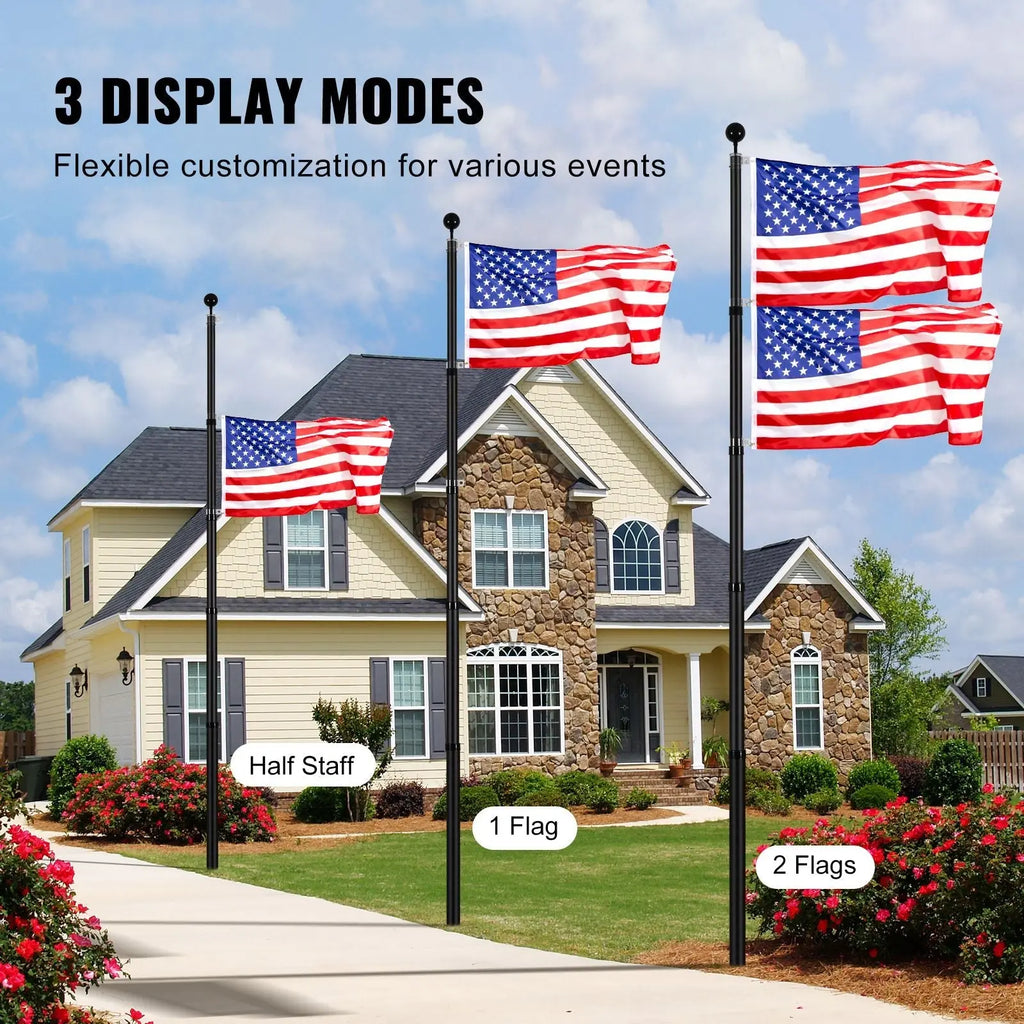 25FT Telescoping Flag pole Kit, Heavy Duty Aluminum Alloy in Ground Flag Poles for Outside, 3 Display Modes Flagpole with 3x5 American Flag, Professional Accessories, Black - Cool Brand Designs