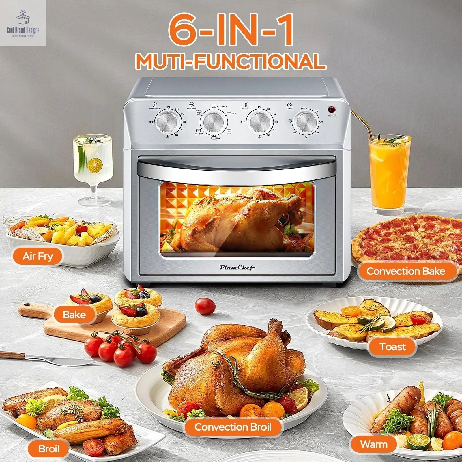 27.5QT 6-in-1 Air Fryer Toaster Oven Dropdown-Door 6-Slice Countertop Convection Oven for Air Frying, Baking, Roasting, Broiling & Grilling, 1600W, Sliver - Cool Brand Designs