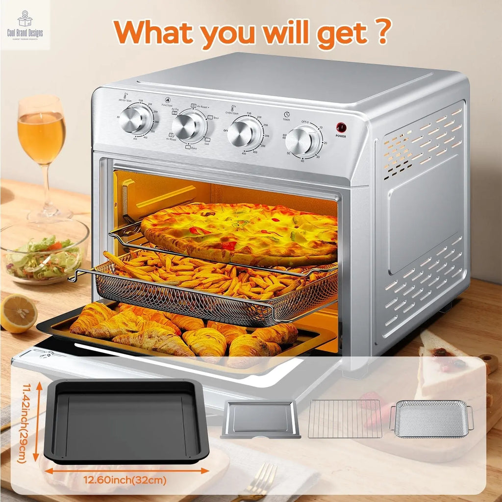 27.5QT 6-in-1 Air Fryer Toaster Oven Dropdown-Door 6-Slice Countertop Convection Oven for Air Frying, Baking, Roasting, Broiling & Grilling, 1600W, Sliver - Cool Brand Designs