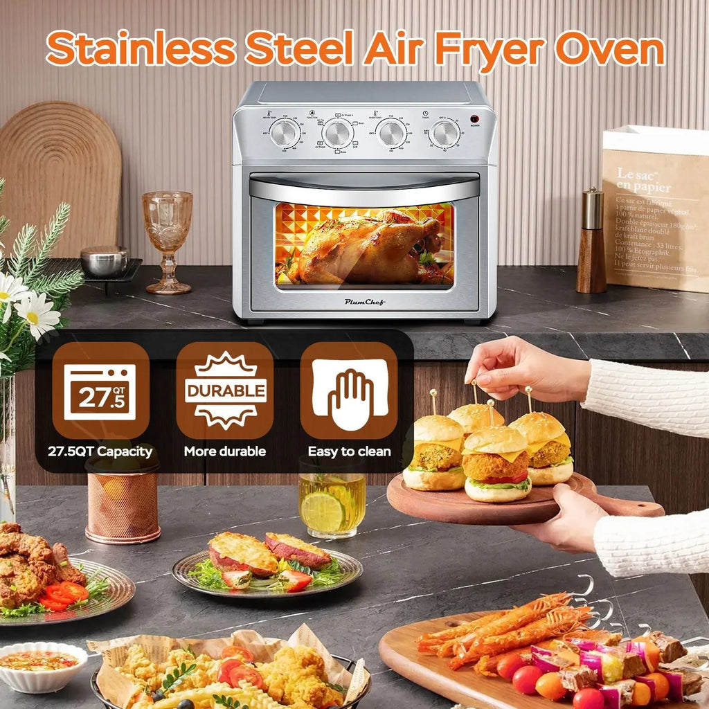27.5QT 6-in-1 Air Fryer Toaster Oven Dropdown-Door 6-Slice Countertop Convection Oven for Air Frying, Baking, Roasting, Broiling & Grilling, 1600W, Sliver - Cool Brand Designs