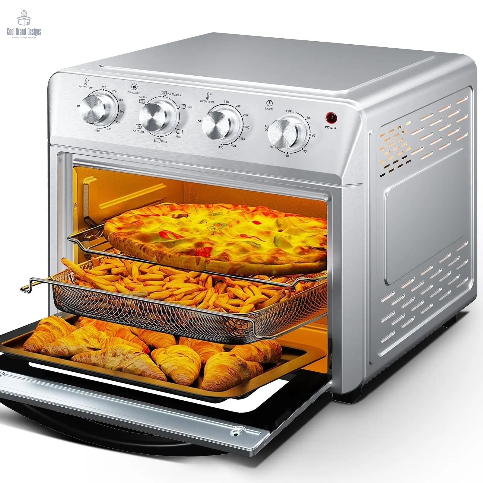 27.5QT 6-in-1 Air Fryer Toaster Oven Dropdown-Door 6-Slice Countertop Convection Oven for Air Frying, Baking, Roasting, Broiling & Grilling, 1600W, Sliver - Cool Brand Designs