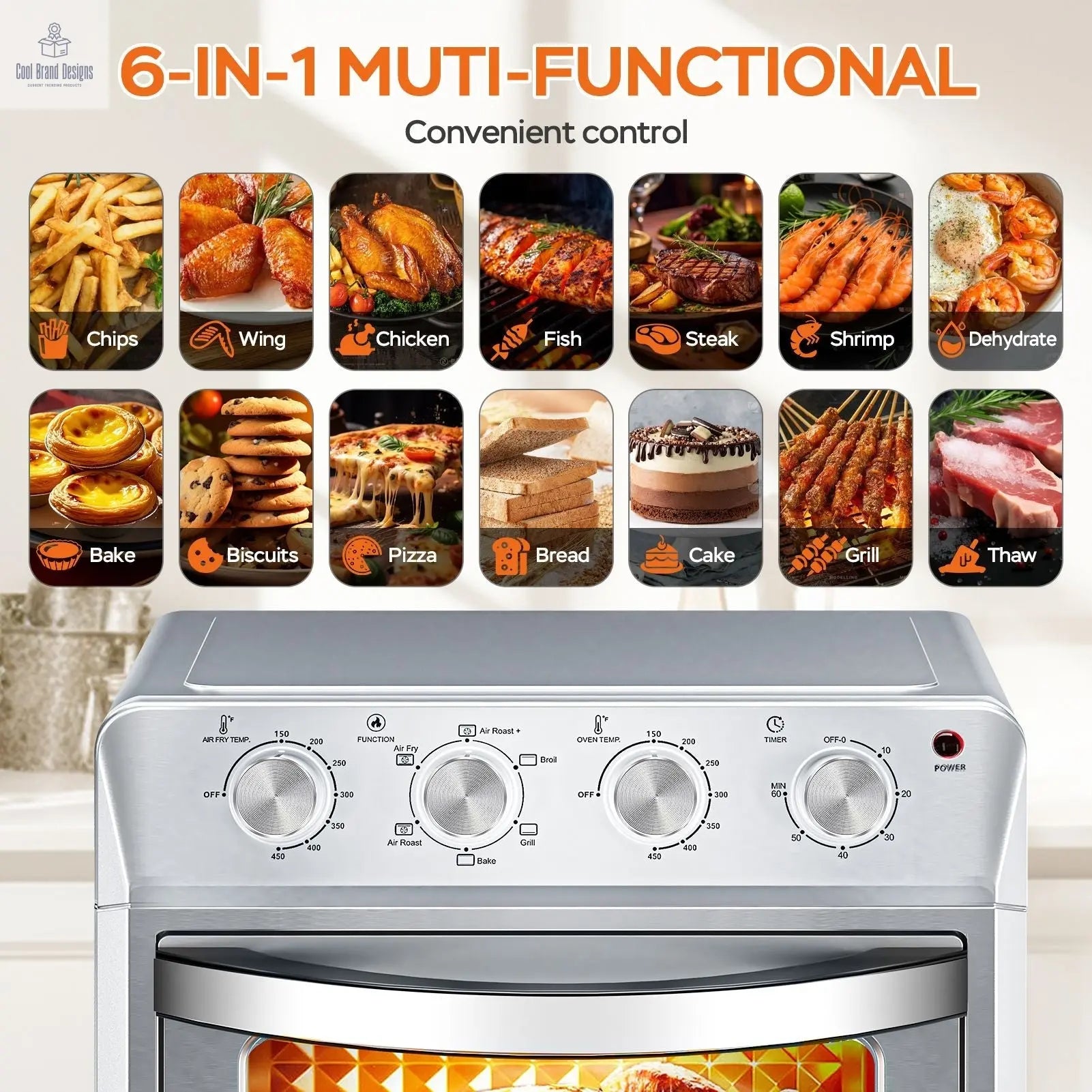 27.5QT 6-in-1 Air Fryer Toaster Oven Dropdown-Door 6-Slice Countertop Convection Oven for Air Frying, Baking, Roasting, Broiling & Grilling, 1600W, Sliver - Cool Brand Designs
