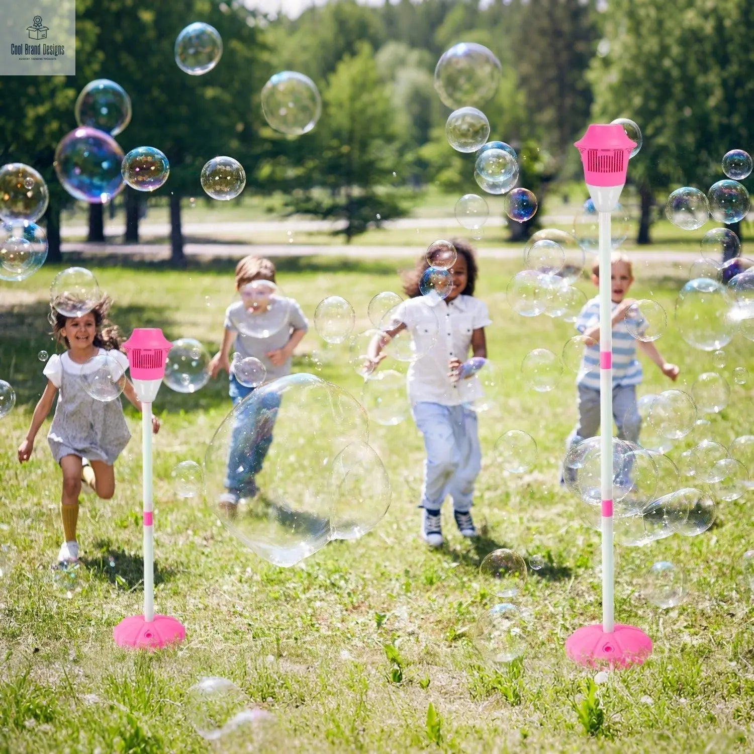 2Pack 3 In 1 Standing Bubble Machines with Colorful Lights and Music Rechargeable Bubble Maker Stands with 2 Modes 3 Adjustable Height for Party Wedding Indoor Outdoor Occasions Pets Kids Aged 3+ - Cool Brand Designs