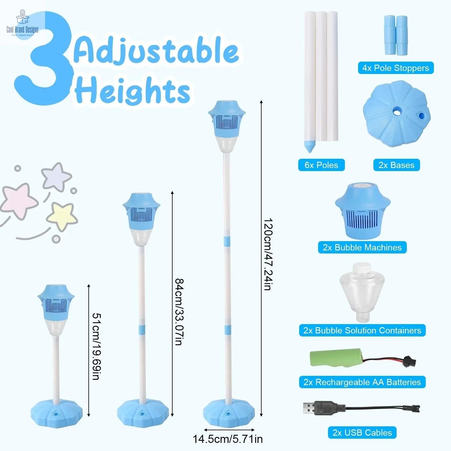 2Pack 3 In 1 Standing Bubble Machines with Colorful Lights and Music Rechargeable Bubble Maker Stands with 2 Modes 3 Adjustable Height for Party Wedding Indoor Outdoor Occasions Pets Kids Aged 3+ - Cool Brand Designs