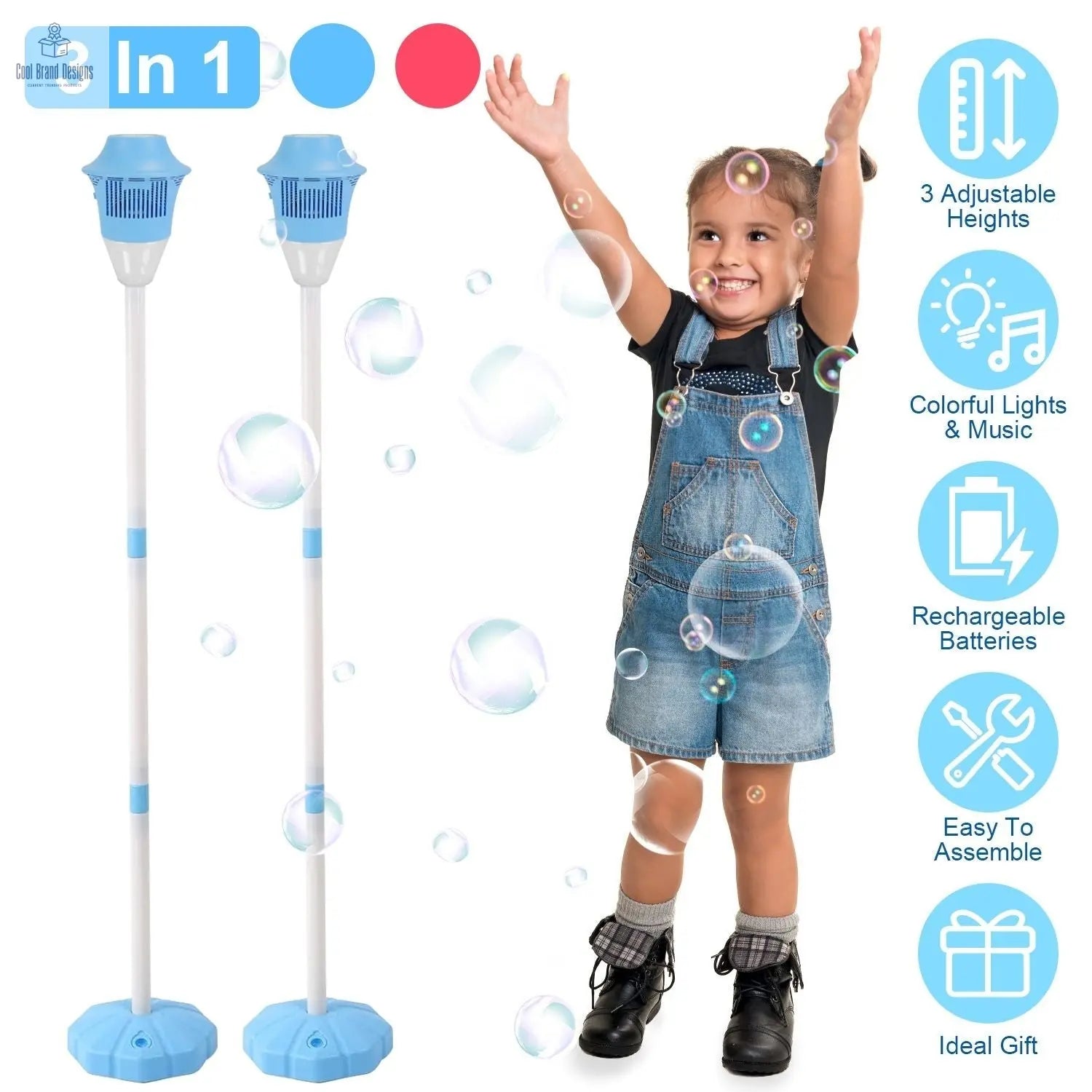 2Pack 3 In 1 Standing Bubble Machines with Colorful Lights and Music Rechargeable Bubble Maker Stands with 2 Modes 3 Adjustable Height for Party Wedding Indoor Outdoor Occasions Pets Kids Aged 3+ - Cool Brand Designs