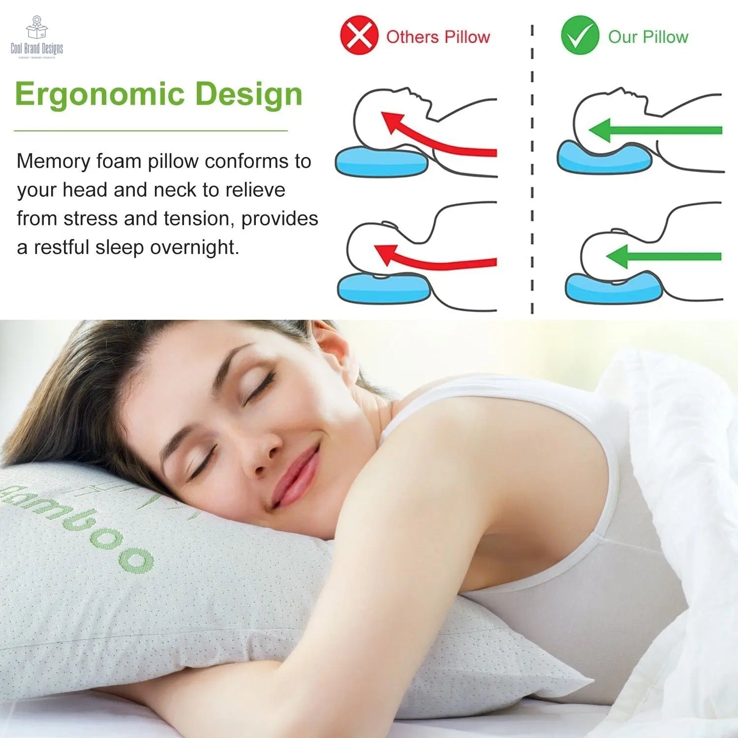 2Pcs Bamboo Memory Foam Pillow Hypoallergenic Bed Pillow For Head Neck Rest Sleeping Shredded Pillow Washable Cover Queen Size Pillow - Cool Brand Designs