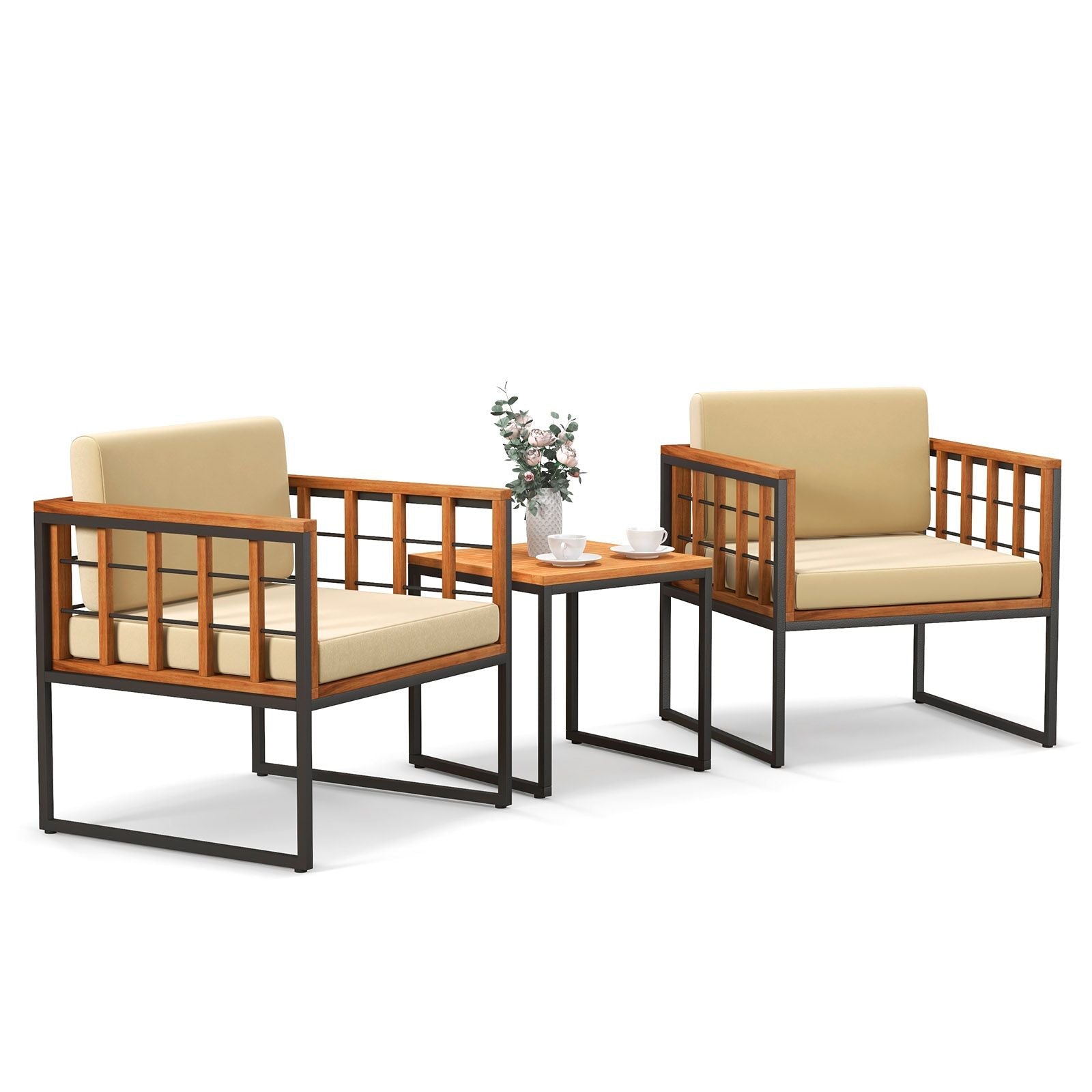 3 Pieces Patio Chair Set Acacia Wood Outdoor Sofa Set with Soft Cushions - Cool Brand Designs