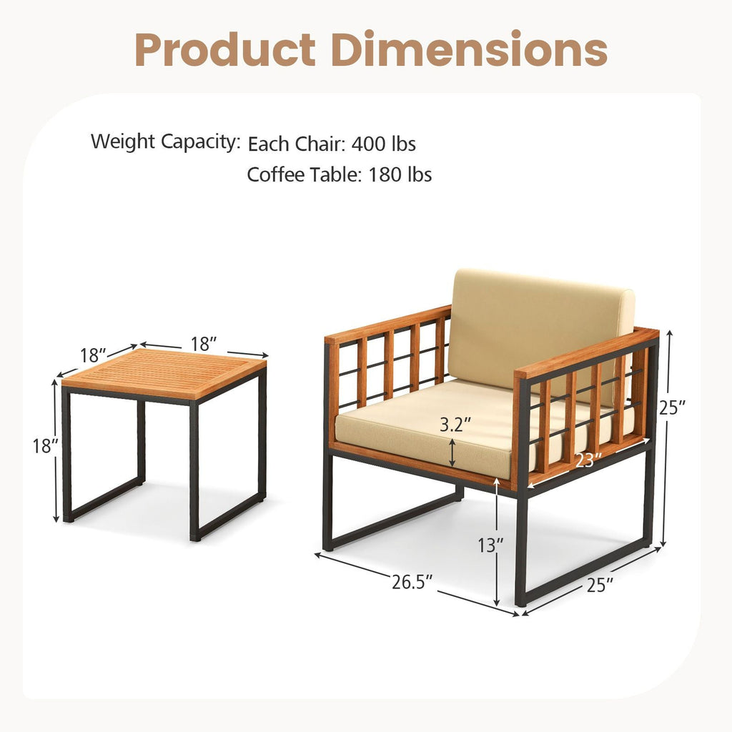 3 Pieces Patio Chair Set Acacia Wood Outdoor Sofa Set with Soft Cushions - Cool Brand Designs