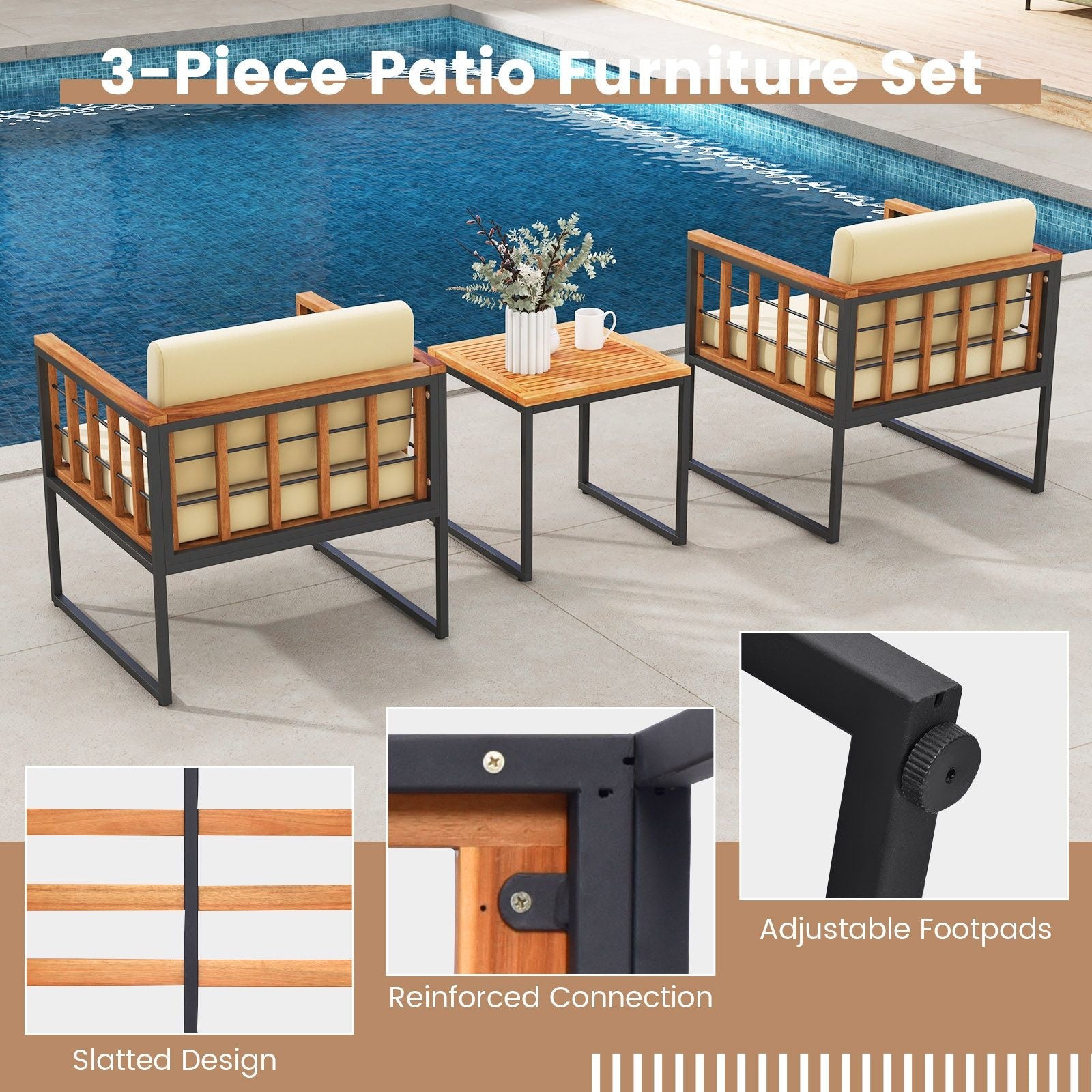 3 Pieces Patio Chair Set Acacia Wood Outdoor Sofa Set with Soft Cushions - Cool Brand Designs