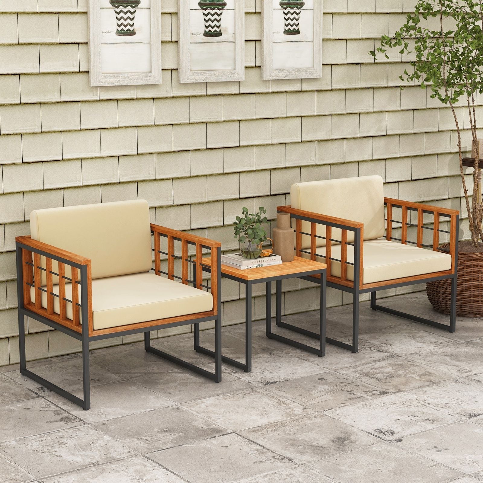 3 Pieces Patio Chair Set Acacia Wood Outdoor Sofa Set with Soft Cushions - Cool Brand Designs
